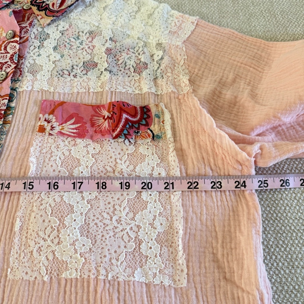 POL Patchwork Floral Trim Long Sleeve Women's Gauze Button Up‎ Shirt Size M - Picture 16 of 16